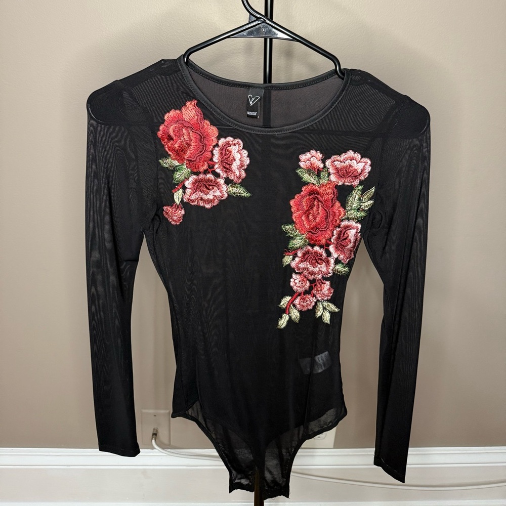 Windsor Black Sheer Bodysuit with Red Floral Embroidery